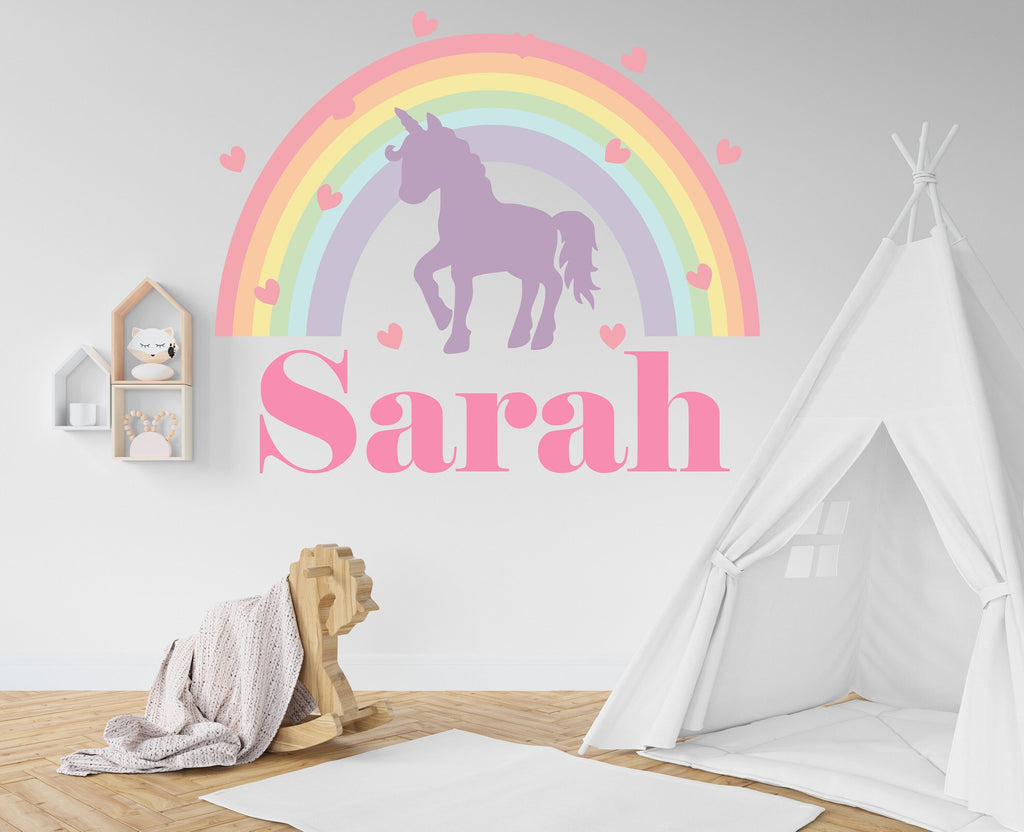 Personalized Girls Name Wall Decal, Unicorn Wall Decals, Rainbow & Hearts Vinyl Wall Decor for Babies Kids Girls Wall Custom Stickers 026LU