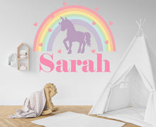 Load image into Gallery viewer, Personalized Girls Name Wall Decal, Unicorn Wall Decals, Rainbow &amp; Hearts Vinyl Wall Decor for Babies Kids Girls Wall Custom Stickers 026LU