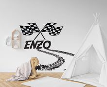 Load image into Gallery viewer, Large Custom Name Racing Car Tire Checkered Flags Wall Decal Wheel F1 Decal Personalized Racing Car Flag Vinyl Wall Sticker-Boy Room 050RS