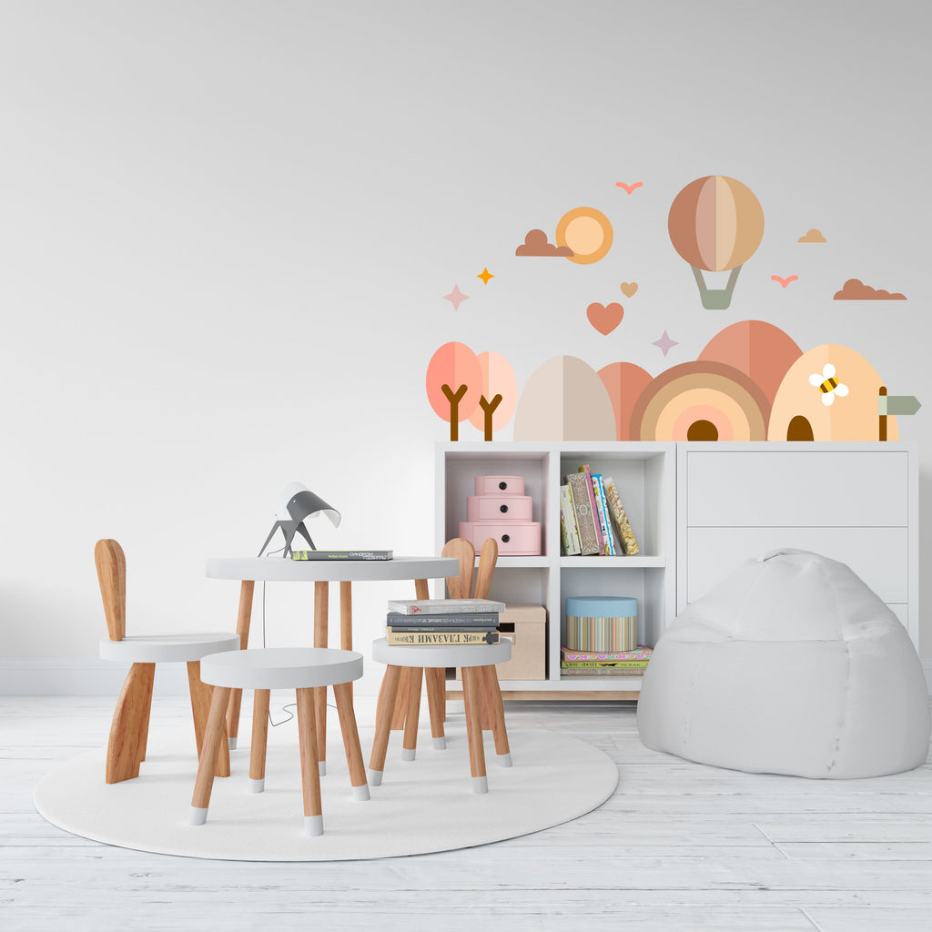 Boho Wall Decal, Boho houses, Boho tree rainbow balloon arch wall art decal, Kids room decoration, Boho wall stickers, Kids room gifts 105LU