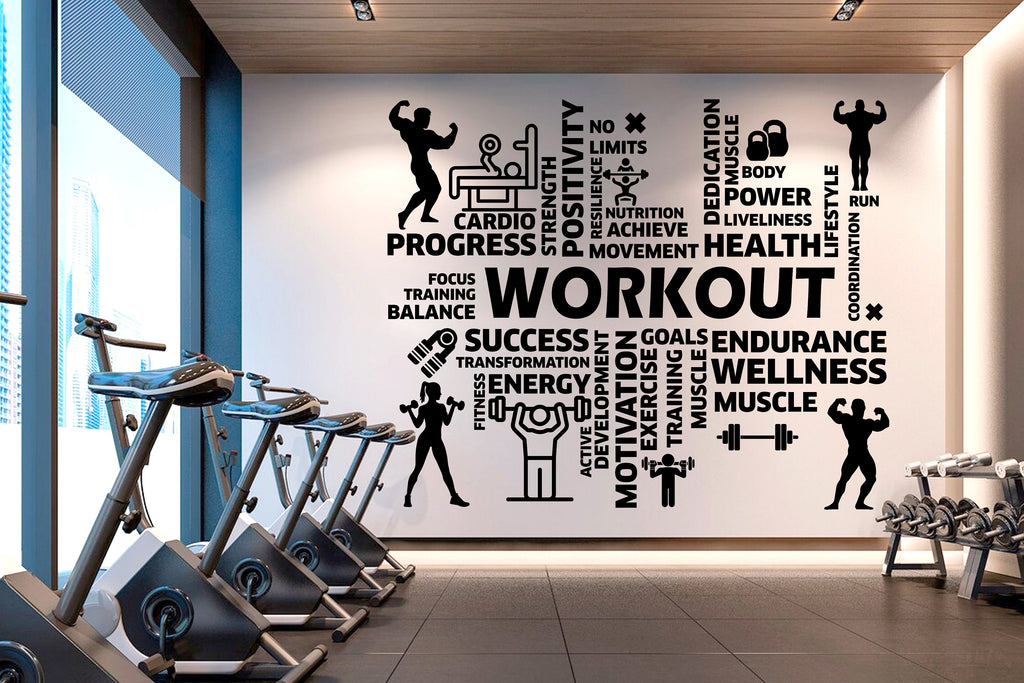 Workout Vinyl Gym Wall Decal, Inspirational Words, Gym Decal, Fitness Collage, Gym Wall Art Gym Decor Gym Wall Decor Motivational Art 032RS