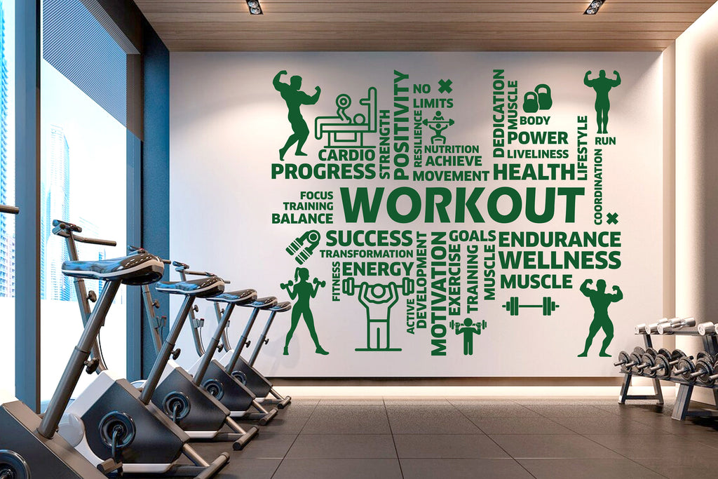 Workout Vinyl Gym Wall Decal, Inspirational Words, Gym Decal, Fitness Collage, Gym Wall Art Gym Decor Gym Wall Decor Motivational Art 032RS