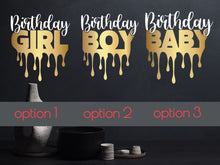 Load image into Gallery viewer, Birthday baby decor, birthday girl decor, birthday boy wall decor, birthday party decor, gold decals, birthday party decorations, glam decor