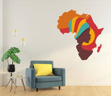 Load image into Gallery viewer, Africa Map Wall Art Vinyl Sticker, Africa Continent Wall Vinyl Decal, African Map Wall Mural Decor, Afro Girl Woman Vinyl Wall Decal 090LU