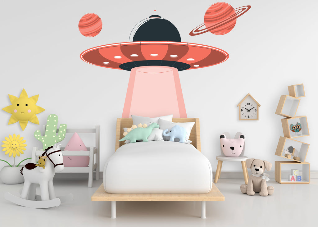 UFO Space Ship Alien Kids Room Wall Sticker Vinyl Decal Mural Art Deco, Nursery Wall Decals, Rocket Ship Decal, Outer Space Room Decor 100LU