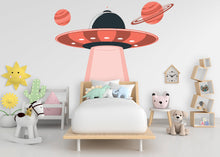 Load image into Gallery viewer, UFO Space Ship Alien Kids Room Wall Sticker Vinyl Decal Mural Art Deco, Nursery Wall Decals, Rocket Ship Decal, Outer Space Room Decor 100LU