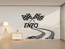 Load image into Gallery viewer, Large Custom Name Racing Car Tire Checkered Flags Wall Decal Wheel F1 Decal Personalized Racing Car Flag Vinyl Wall Sticker-Boy Room 050RS