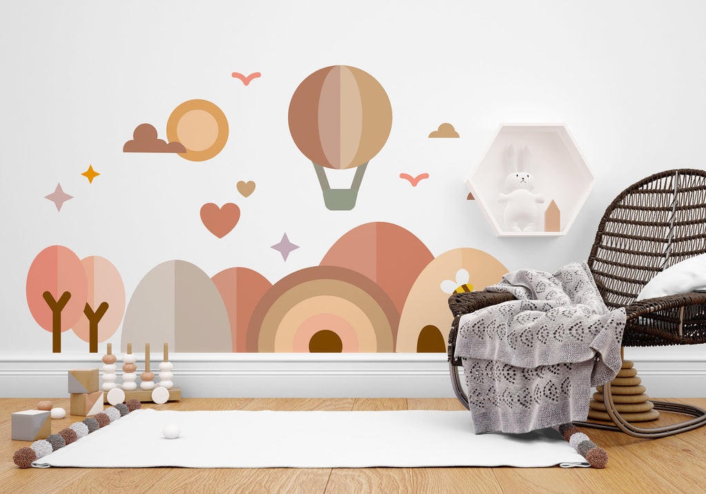 Boho Wall Decal, Boho houses, Boho tree rainbow balloon arch wall art decal, Kids room decoration, Boho wall stickers, Kids room gifts 105LU