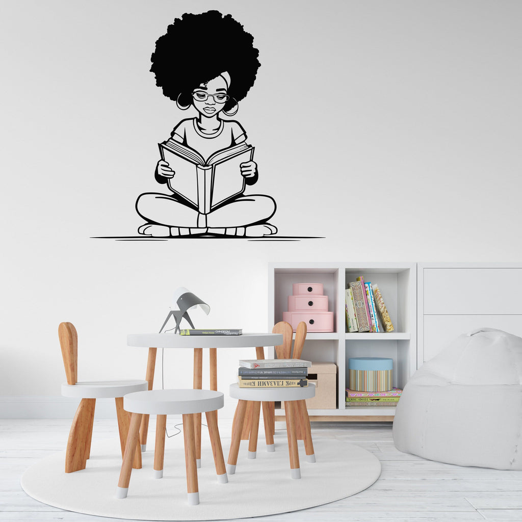 Afro American Girl Reading a book wall decal, Girl book Lover decor, library wall decal, education decals reading room nurseries gifts 074RS