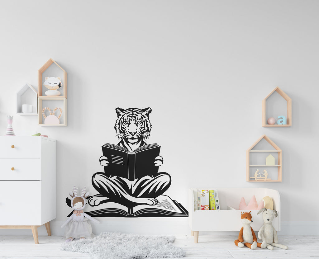A cute Tiger Reading a Book wall decal Reading Books Magic Wall Decal Vinyl Art Stickers for Interiors, Schools, Classrooms, Libraries 096RS