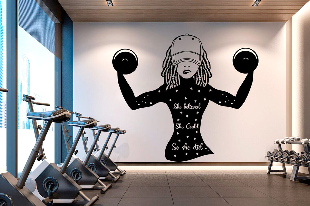 She believed, She Could, She did, Afro American Fitness Wall Decal Afro Girl Workout Wall Decal Gym Wall Decor Motivational Wall Decal 061RS