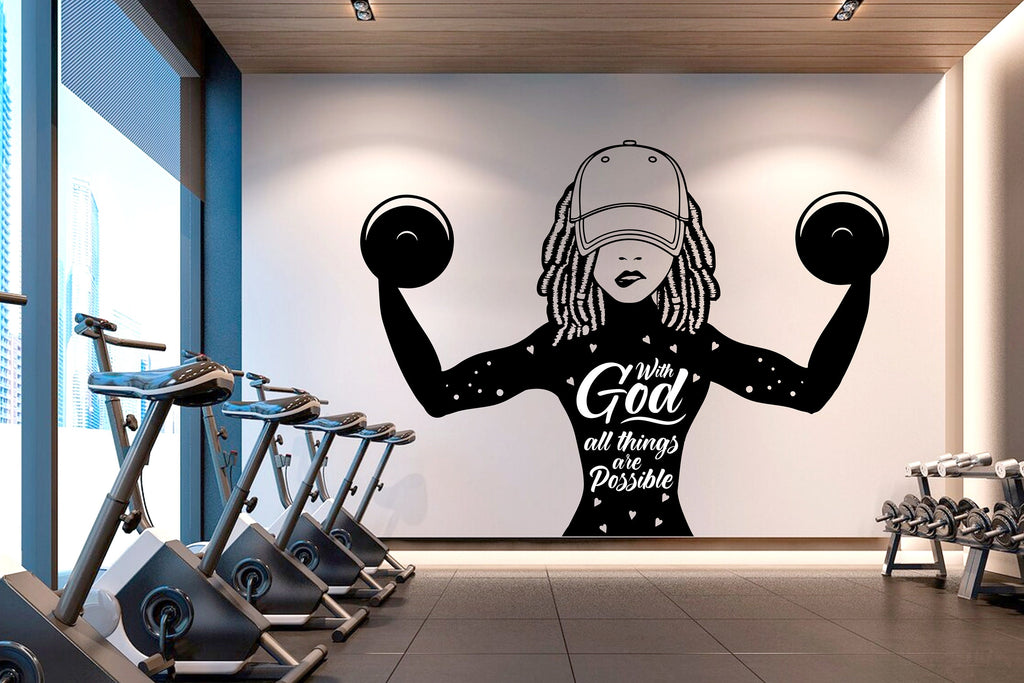 With Gods all things are Possible Afro American Fitness Wall Decal Afro Girl Workout Wall Decal Gym Wall Decor Motivational Wall Decal 062RS