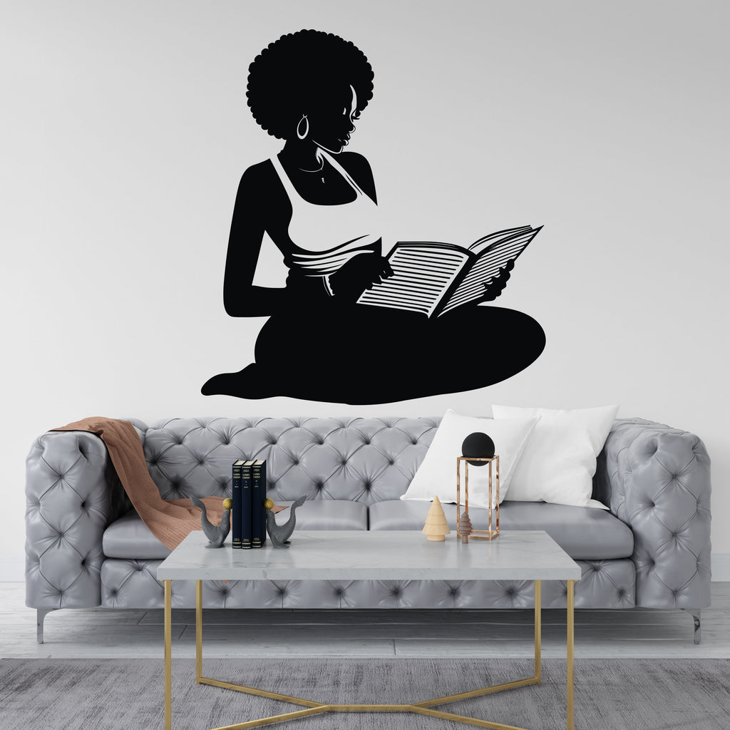 Afro American Girl Reading a book wall decal, Girl book Lover decor, library wall decal, education decals reading room nurseries gifts 068RS