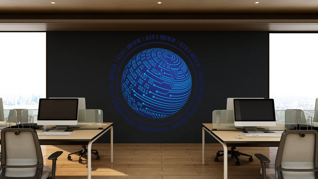 Circuit Board Wall Decal, Globe Technology Vinyl Wall Art, Computer Circuit Decor, Binary Code Software Science Wall Sticker Office 169LU