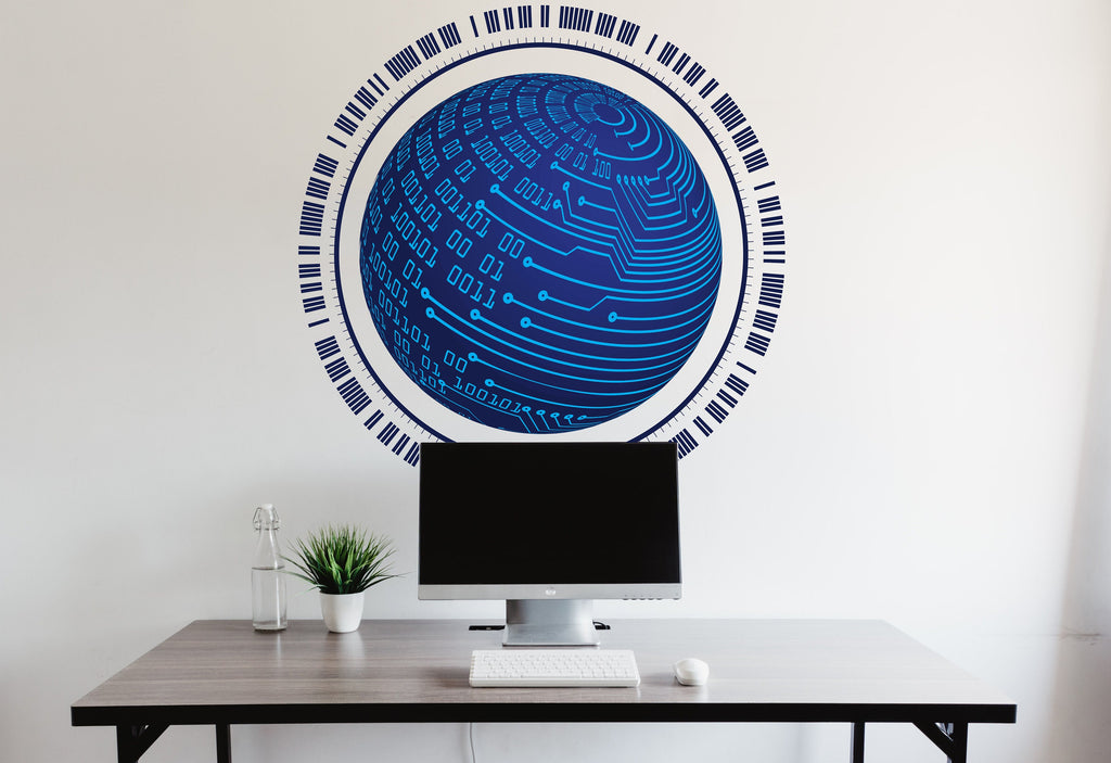 Circuit Board Wall Decal, Globe Technology Vinyl Wall Art, Computer Circuit Decor, Binary Code Software Science Wall Sticker Office 169LU