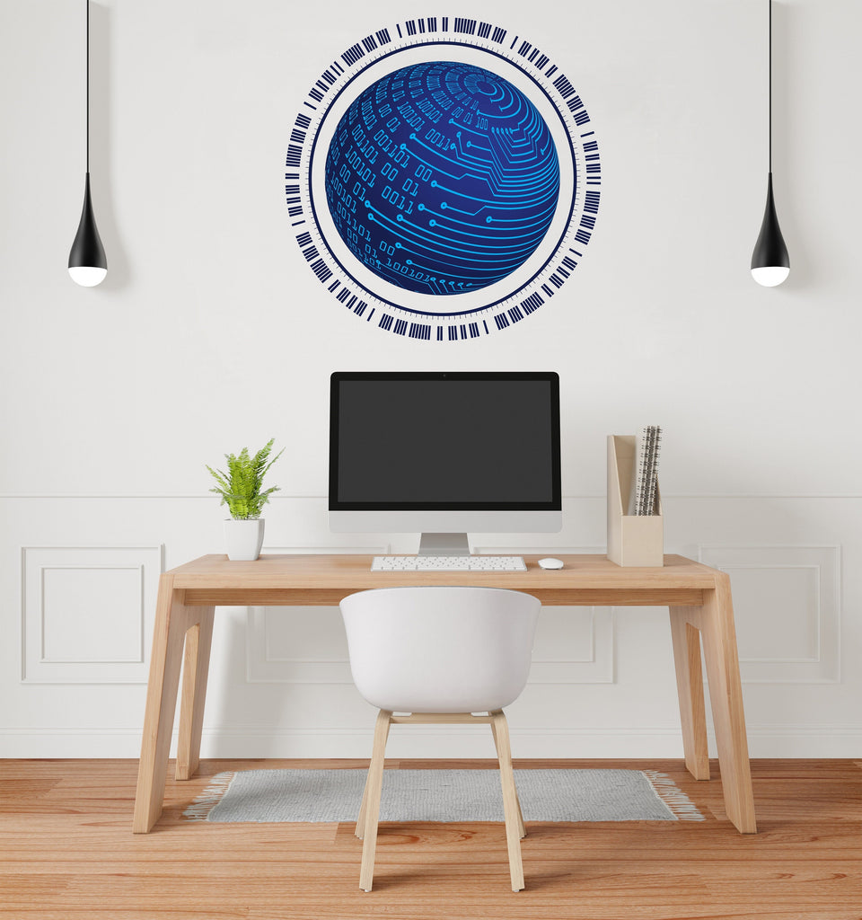 Circuit Board Wall Decal, Globe Technology Vinyl Wall Art, Computer Circuit Decor, Binary Code Software Science Wall Sticker Office 169LU