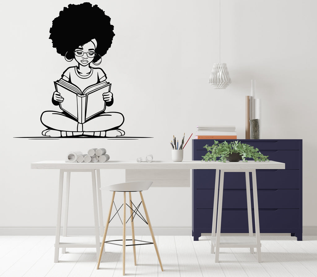 Afro American Girl Reading a book wall decal, Girl book Lover decor, library wall decal, education decals reading room nurseries gifts 074RS