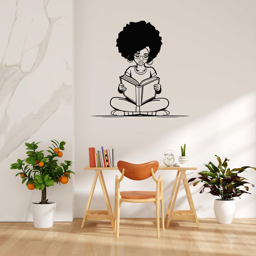 Afro American Girl Reading a book wall decal, Girl book Lover decor, library wall decal, education decals reading room nurseries gifts 074RS