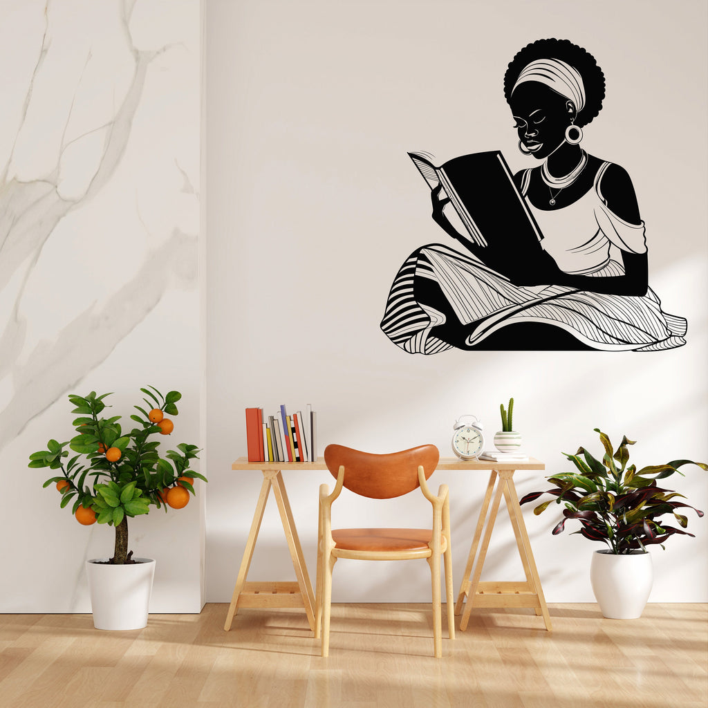 Afro American Girl Reading a book wall decal, Girl book Lover decor, library wall decal, education decals reading room nurseries gifts 075RS