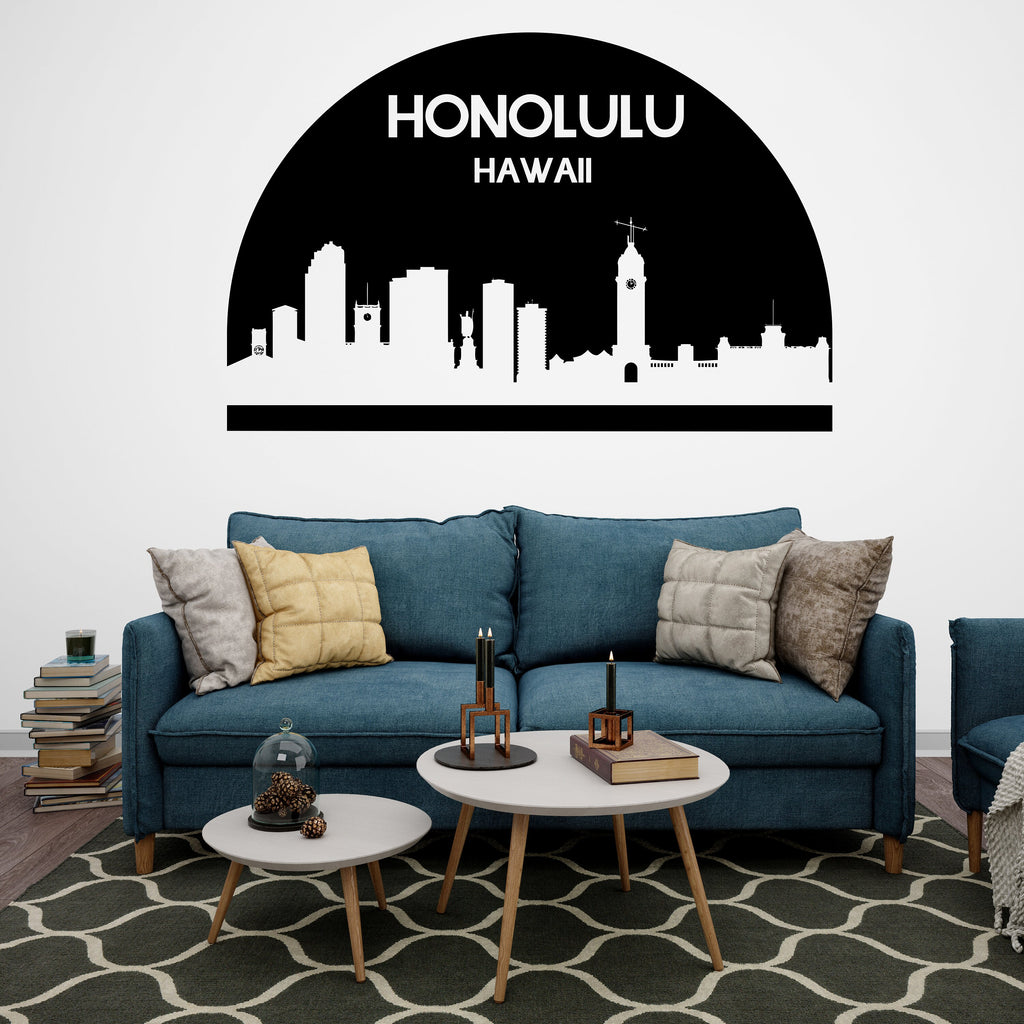 Honolulu City Skyline Arch Wall Decal Sticker City Honolulu Hawaii Decal Vinyl Sticker Home Decor Headboard Decal Living Room Office 174LU