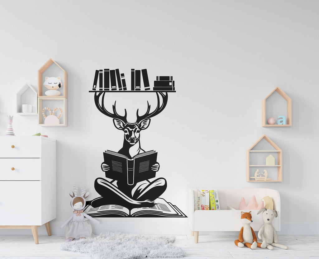 A cute Deer Reading a Book wall decal Reading Books Magic Wall Decal Vinyl Art Stickers for Interiors, Schools, Classrooms, Libraries 092RS