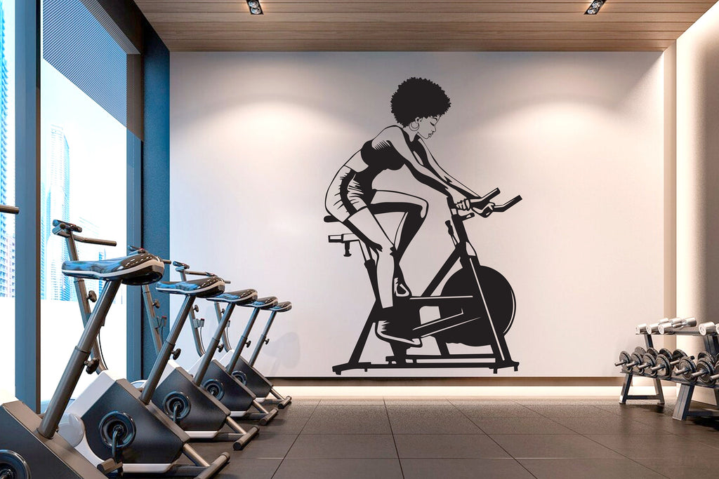 Afro American Girl Vinyl Gym Wall Decal, Gym Bike, Gym Decal, Fitness Collage, Gym Wall Art Gym Decor Gym Wall Decor Motivational Art 119RS