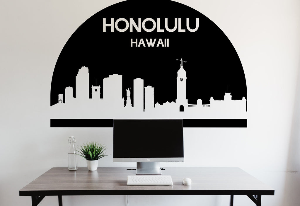 Honolulu City Skyline Arch Wall Decal Sticker City Honolulu Hawaii Decal Vinyl Sticker Home Decor Headboard Decal Living Room Office 174LU