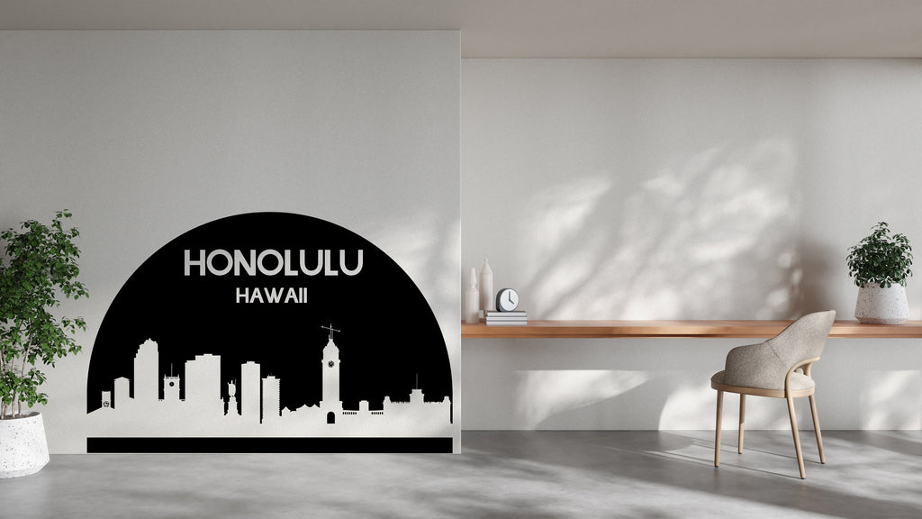Honolulu City Skyline Arch Wall Decal Sticker City Honolulu Hawaii Decal Vinyl Sticker Home Decor Headboard Decal Living Room Office 174LU