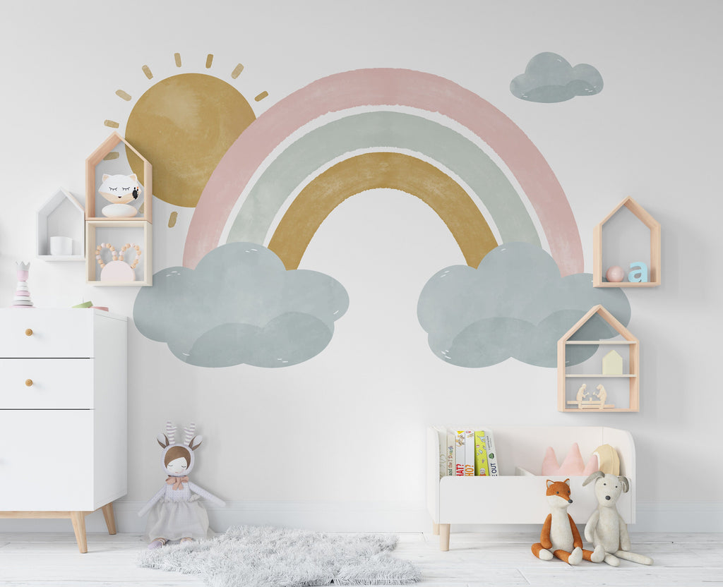 Watercolor Rainbow Sun Wall Decal, Nursery Wall Decal, Kids Room Wall Decals, Baby Shower Decor, Baby Boy Gift, Rainbow Decal for Kids 211LU
