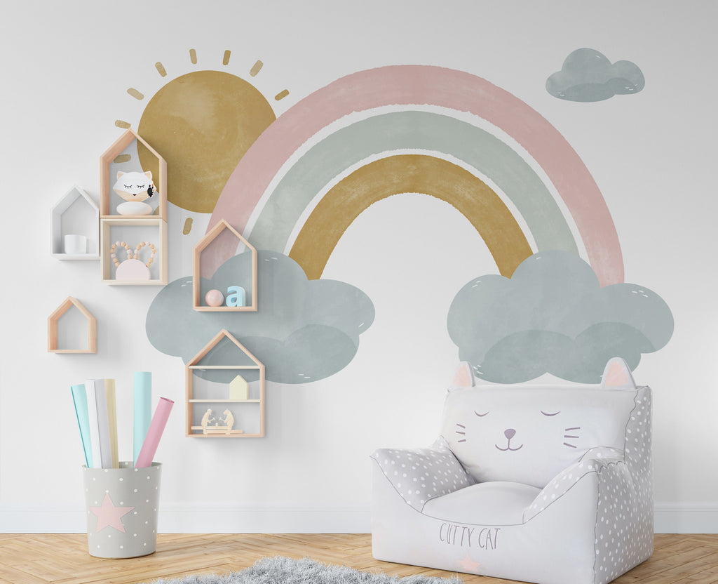 Watercolor Rainbow Sun Wall Decal, Nursery Wall Decal, Kids Room Wall Decals, Baby Shower Decor, Baby Boy Gift, Rainbow Decal for Kids 211LU