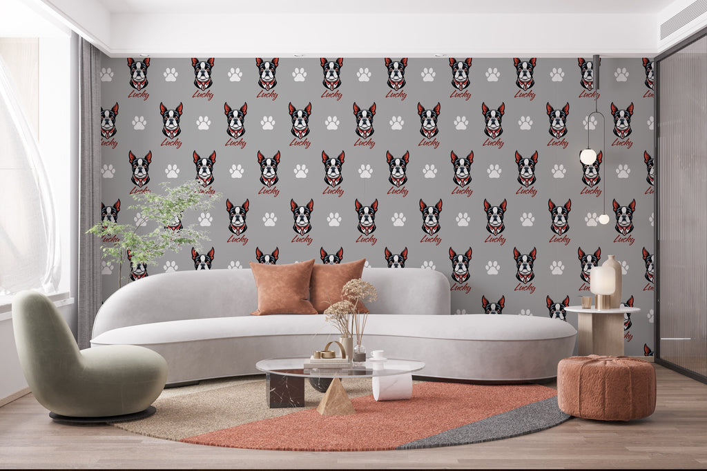 Boston Terrier dog wallpaper Dog Peel and stick Pet Lover Living Room Decor Wall Bathroom Decal Doggie Puppy Mural 132RS