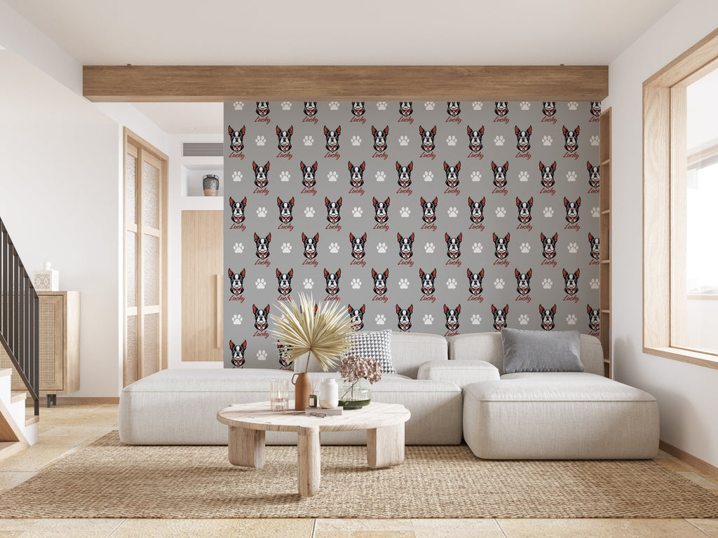 Boston Terrier dog wallpaper Dog Peel and stick Pet Lover Living Room Decor Wall Bathroom Decal Doggie Puppy Mural 132RS