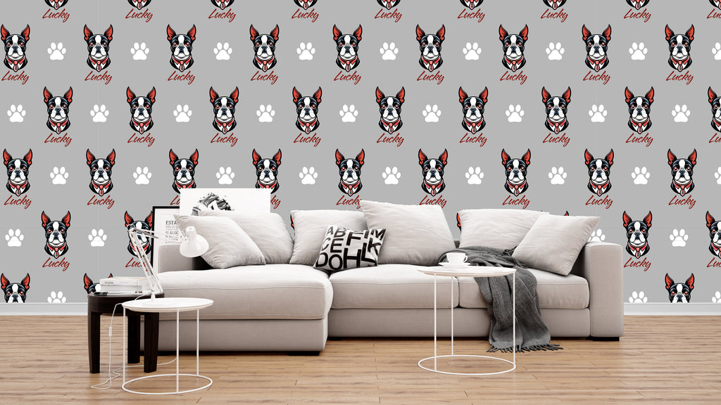 Boston Terrier dog wallpaper Dog Peel and stick Pet Lover Living Room Decor Wall Bathroom Decal Doggie Puppy Mural 132RS