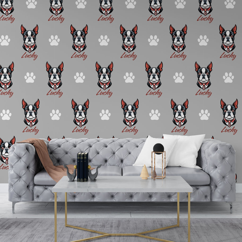 Boston Terrier dog wallpaper Dog Peel and stick Pet Lover Living Room Decor Wall Bathroom Decal Doggie Puppy Mural 132RS