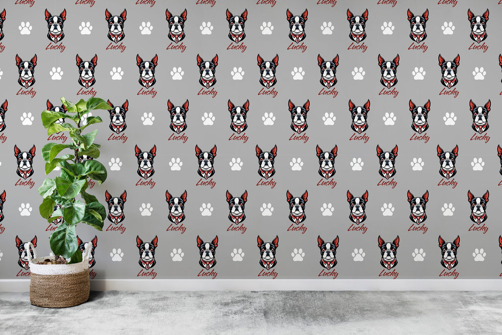 Boston Terrier dog wallpaper Dog Peel and stick Pet Lover Living Room Decor Wall Bathroom Decal Doggie Puppy Mural 132RS