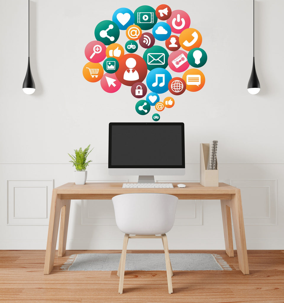 Social Media Wall Art Decal, Digital Media Office Wall Decor, Technology Vinyl Wall Decal, Business Wall Sticker, Computer Desk Decor 215LU
