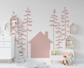Forest Pine Tree House Wall Decal Home Headboard Decor, Boho Wall Decal, Bed Headboard Sticker, Headboard Wall Decal, Nursery Decals 226LU