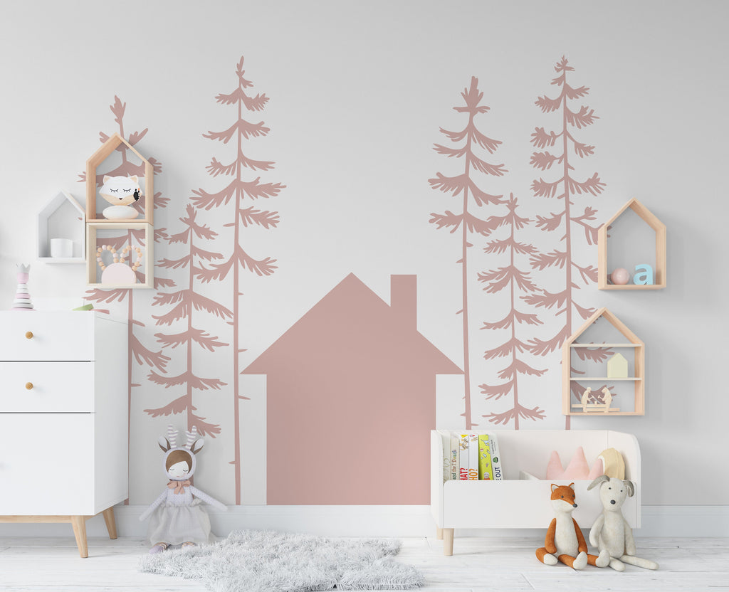 Forest Pine Tree House Wall Decal Home Headboard Decor, Boho Wall Decal, Bed Headboard Sticker, Headboard Wall Decal, Nursery Decals 226LU