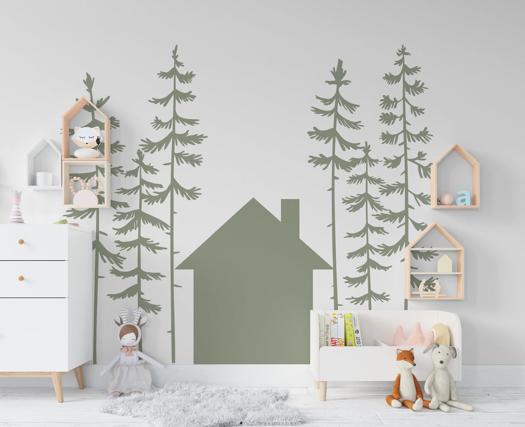 Forest Pine Tree House Wall Decal Home Headboard Decor, Boho Wall Decal, Bed Headboard Sticker, Headboard Wall Decal, Nursery Decals 226LU