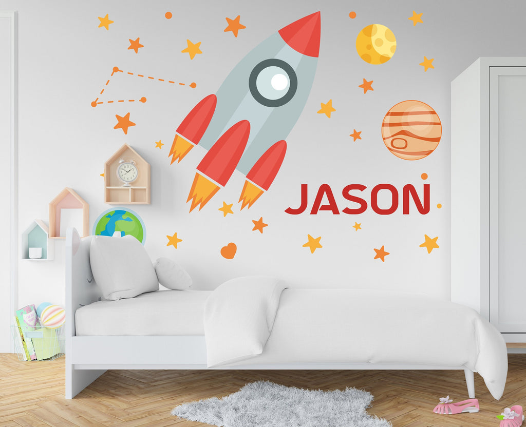 Large Name Rocket Wall Decal Planet Wall Sticker Costellation Art Space Wall Vinyl Wall Decal Rocket Room Gifts Vinyl Wall Art Sticker 127RS