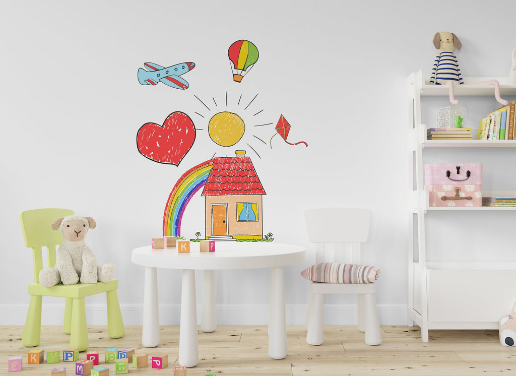 Hand Drawn House Sun Rainbow Wall Art Decal, Nursery wall decal, Kids room Decor, Playroom wall decals, Rainbow vinyl wall sticker 228LU