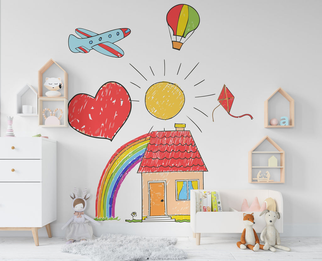 Hand Drawn House Sun Rainbow Wall Art Decal, Nursery wall decal, Kids room Decor, Playroom wall decals, Rainbow vinyl wall sticker 228LU