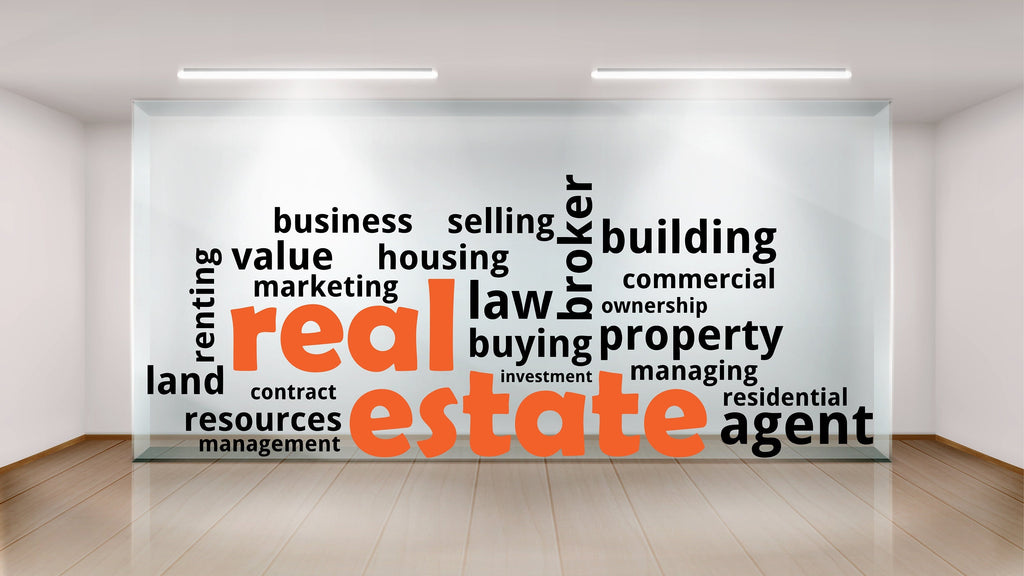 Real Estate Vinyl Wall Decal, Agent Realtor Broker Agency Office Idea Window Business Decor Art Sticker Mural, Real Estate word cloud 236LU