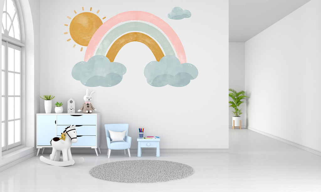 Watercolor Rainbow Sun Wall Decal, Nursery Wall Decal, Kids Room Wall Decals, Baby Shower Decor, Baby Boy Gift, Rainbow Decal for Kids 211LU