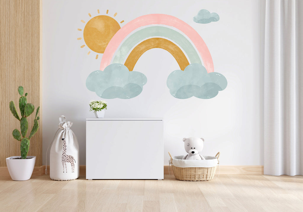 Watercolor Rainbow Sun Wall Decal, Nursery Wall Decal, Kids Room Wall Decals, Baby Shower Decor, Baby Boy Gift, Rainbow Decal for Kids 211LU