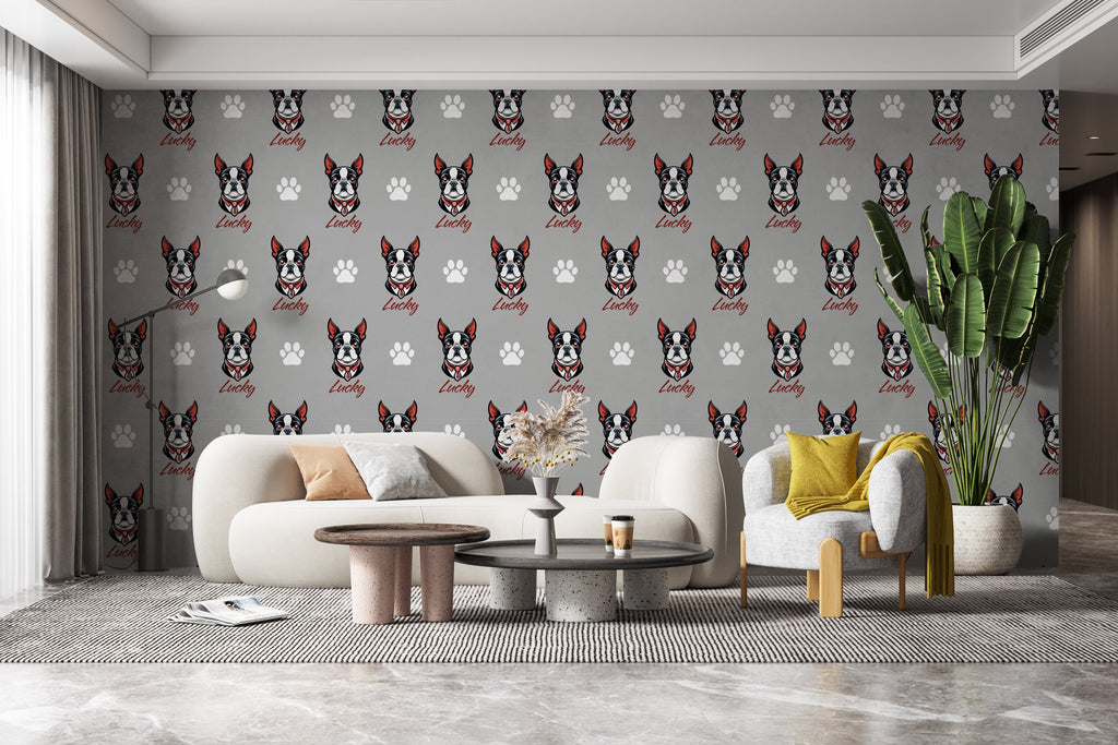 Boston Terrier dog wallpaper Dog Peel and stick Pet Lover Living Room Decor Wall Bathroom Decal Doggie Puppy Mural 132RS