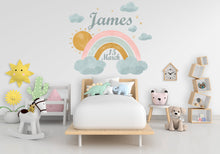 Load image into Gallery viewer, Custom Name Rainbow Sun Wall Decal, Nursery Wall Decal, Kids Room Wall Decals, Baby Shower Decor, Baby Gifts, Rainbow Decal for Kids 213LU