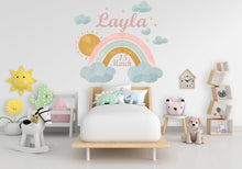 Load image into Gallery viewer, Custom Name Rainbow Sun Wall Decal, Nursery Wall Decal, Kids Room Wall Decals, Baby Shower Decor, Baby Gifts, Rainbow Decal for Kids 213LU