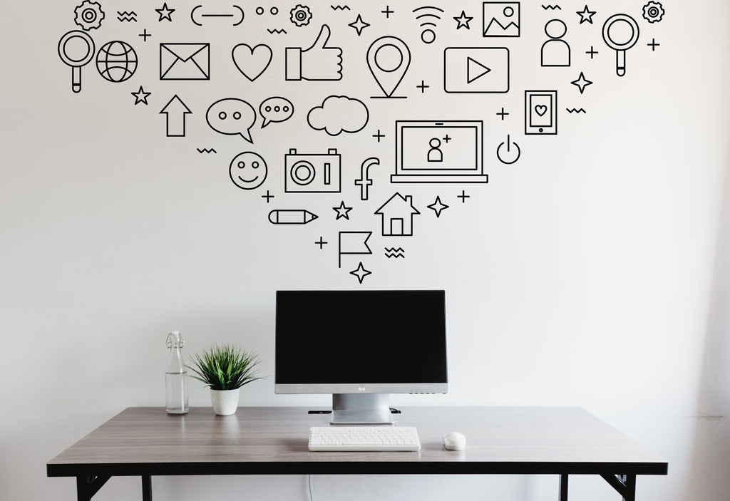 Social Media Wall Art Decal, Digital Media Office Wall Decor, Technology Vinyl Wall Decal, Business Wall Sticker, Computer Desk Decor 216LU