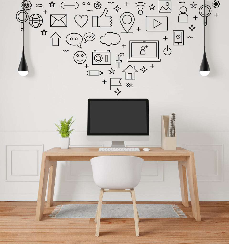 Social Media Wall Art Decal, Digital Media Office Wall Decor, Technology Vinyl Wall Decal, Business Wall Sticker, Computer Desk Decor 216LU